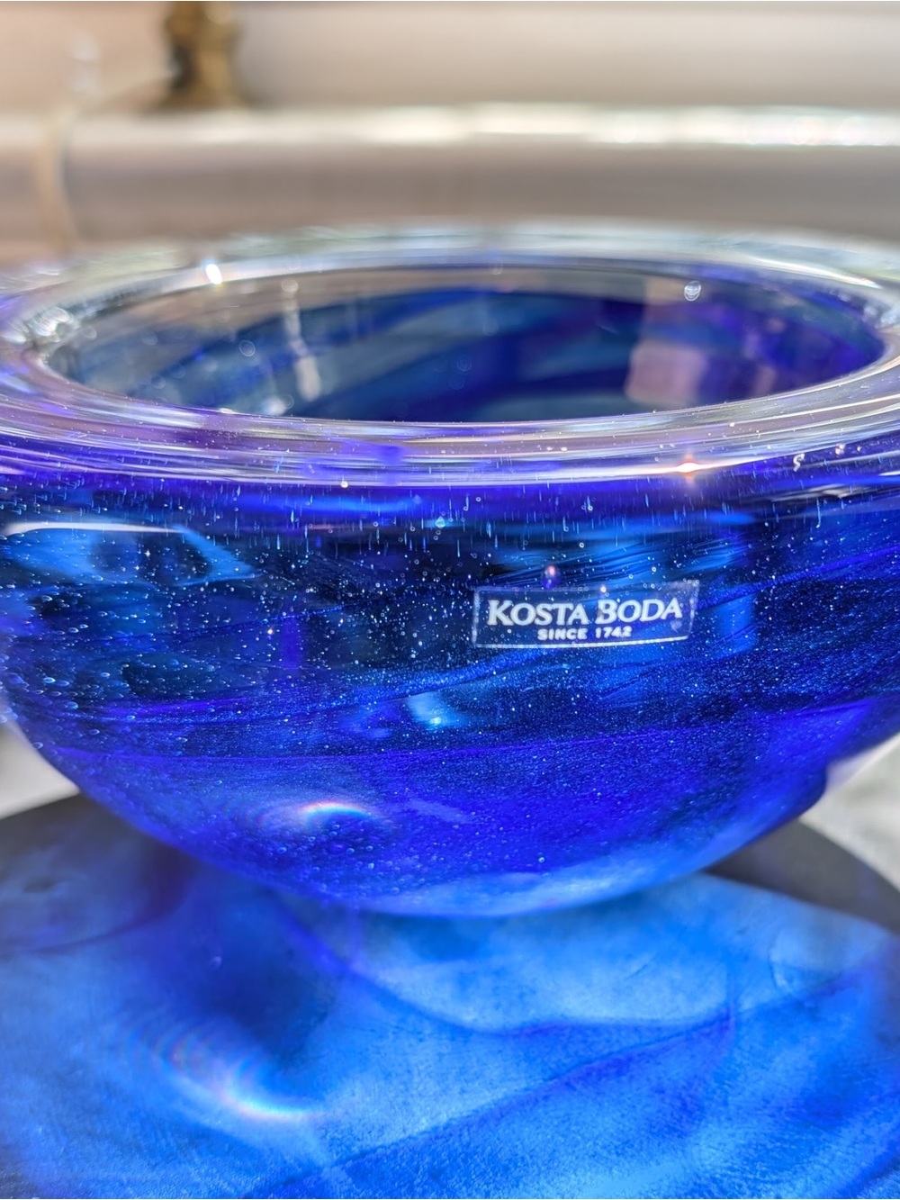 Kosta Boda 7” Deep Blue Swirl Handblown Glass Atoll Bowl